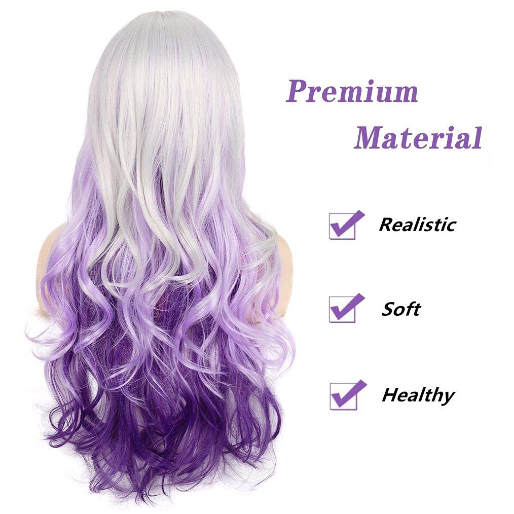 Peluca larga y rizada ondulada gris plateado a morado con parte lateral de aspecto natural sintético Cosplay peluca para mujeres