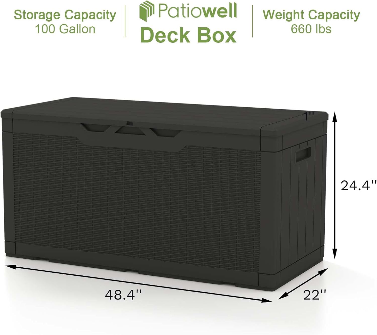 Patiowell Caja de cubierta de resina de 100 galones, caja de almacenamiento grande impermeable para exteriores con candado para muebles de patio,