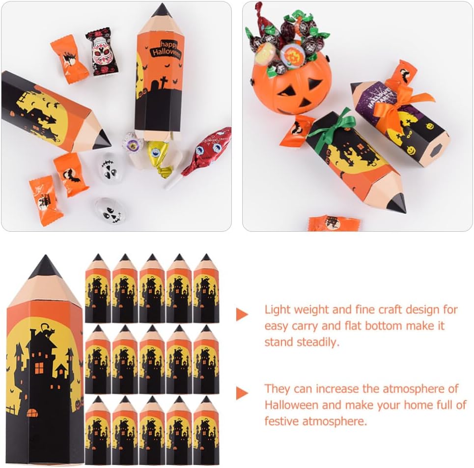 Suministros de fiesta, 50 unidades de Halloween con forma de lápiz, caja de regalo de dulces, cajas de golosinas para dulces, contenedor para
