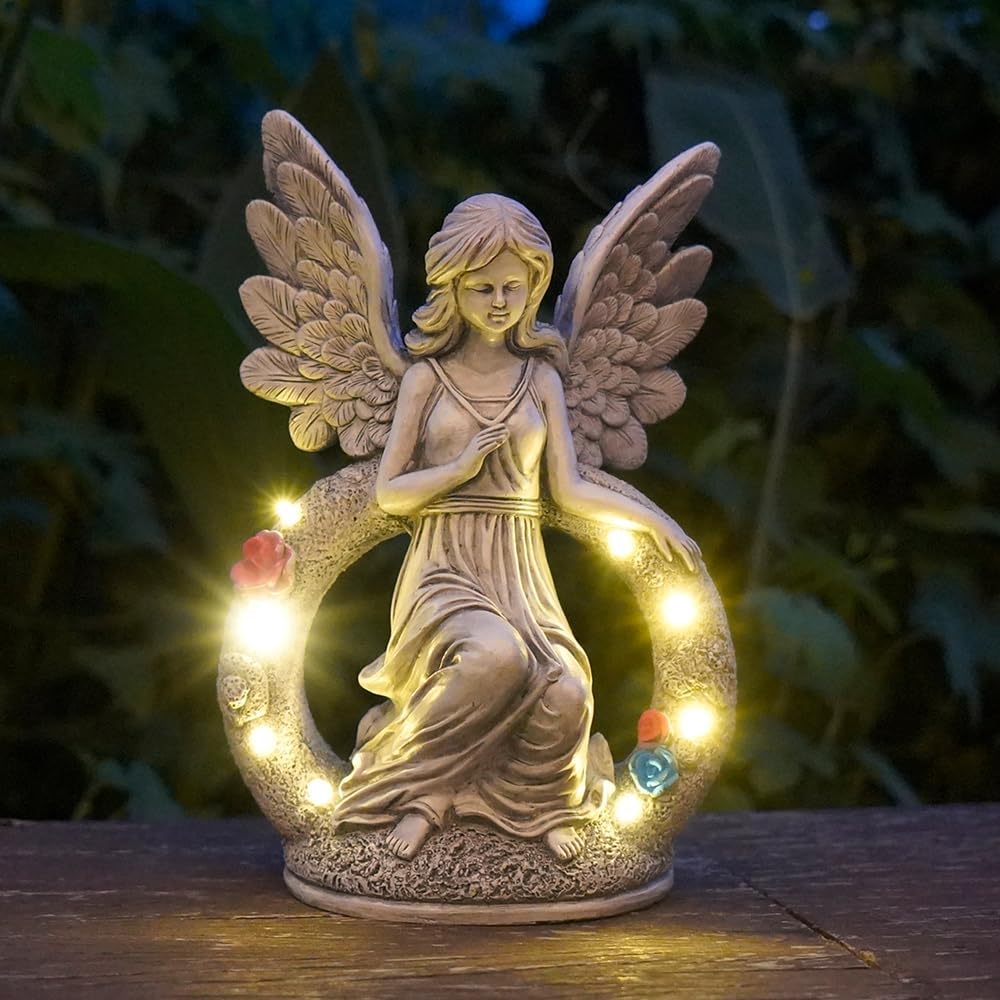 Estatuas solares de jardín de ángeles, 8 luces LED, figuras de ángel, decoración de arte al aire libre para jardines, mamá, patios, balcones,