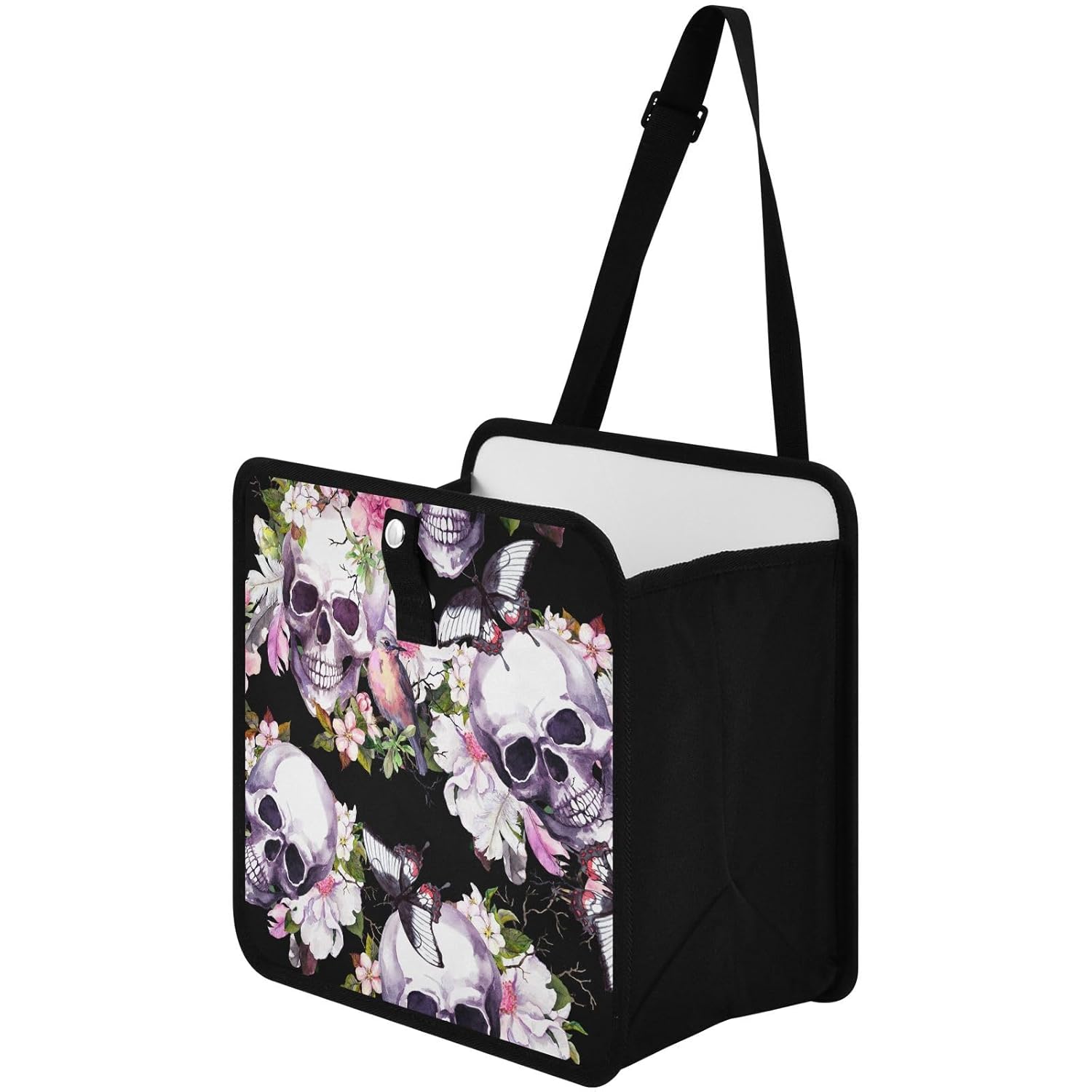Basurero de coche con diseño de calaveras, flores, pájaros, mariposas, para guardar cosas en el automóvil, bolsas de basura plegables para