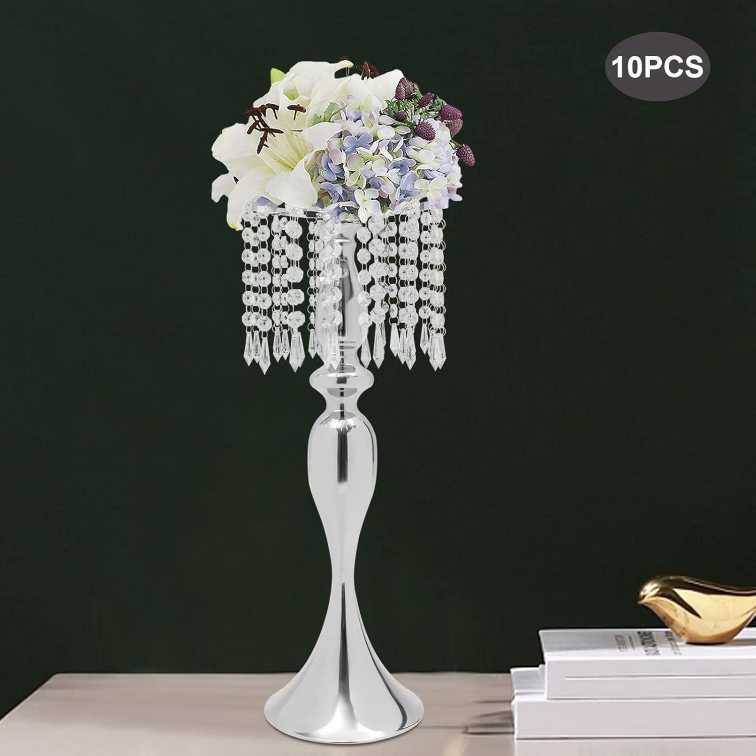 Soporte de flores de cristal plateado, centros de mesa de boda para mesas, 10 piezas de plomo de carretera, jarrón de metal para mesas de recepción,