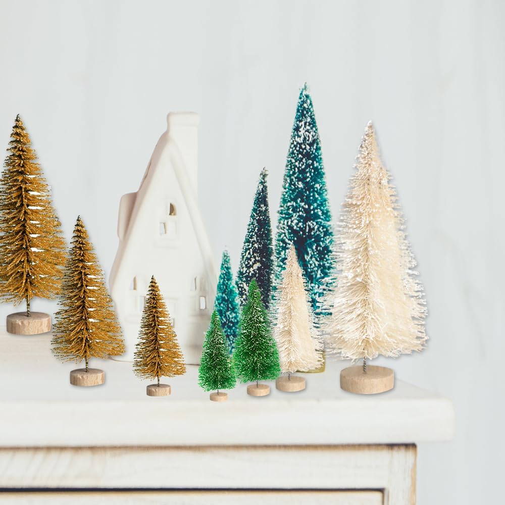 8 piezas de mini árbol de Navidad, pequeños árboles de Navidad artificiales con base de madera, árboles de cepillo de botella, árbol de Navidad