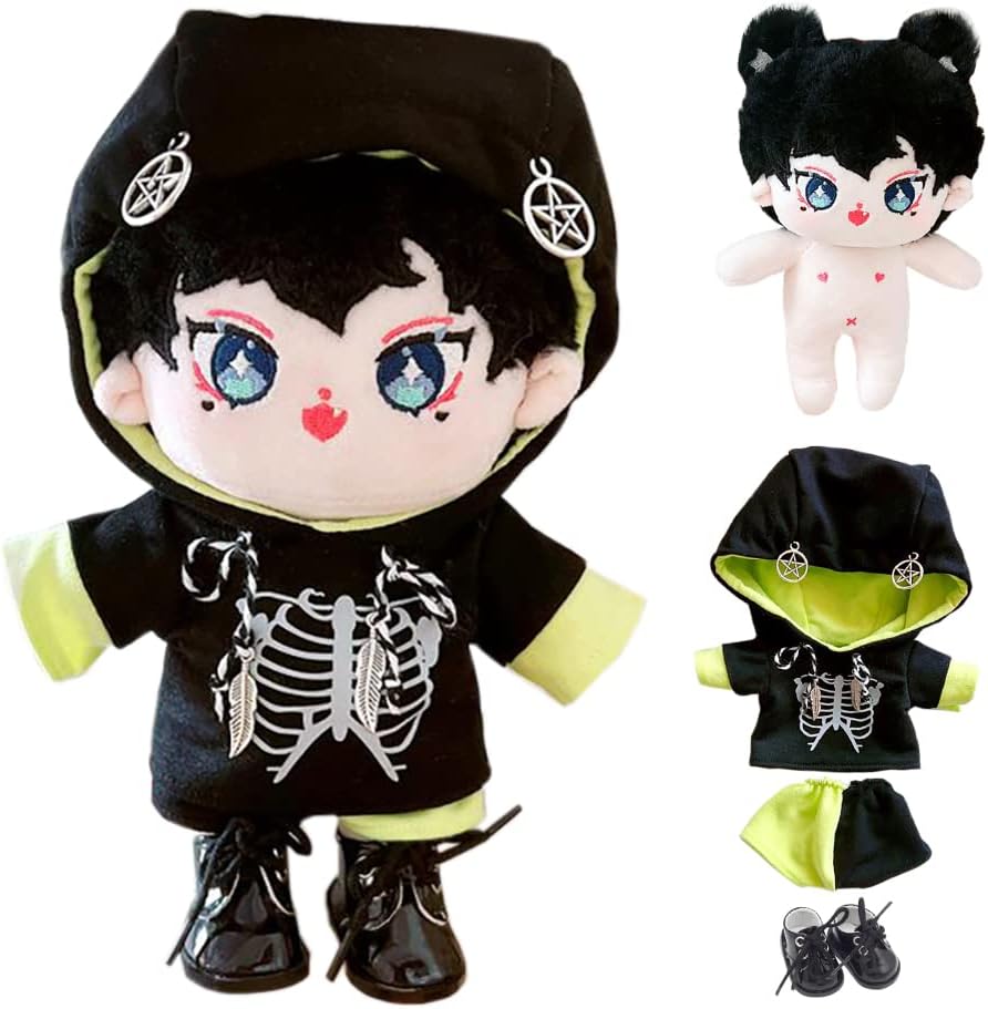 niannyyhouse Muñeca de peluche de 7.9 in con capucha y cuerpo de peluche humanoide desnudo, pantalones de cuero, ropa de muñeca Kpop (A-2)