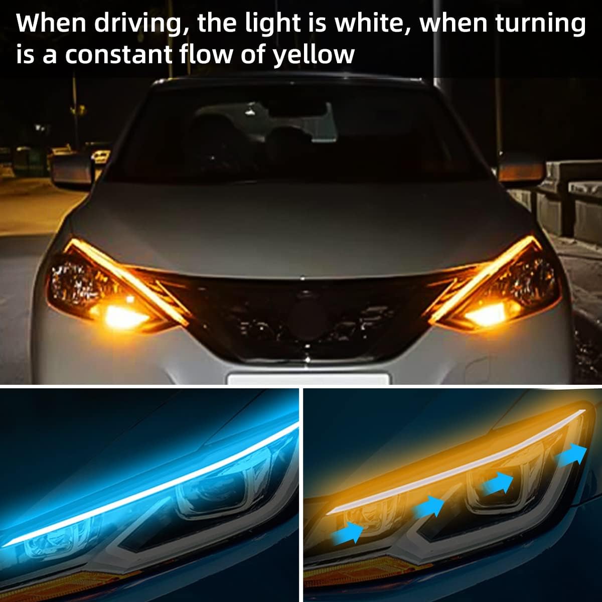 Tiras LED para faros delanteros de automóvil, 2 tiras flexibles de doble color, tira de luz LED impermeable para circulación diurna, accesorios