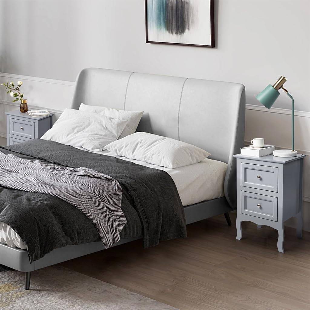 Juego de 2 mesitas de noche con cajones, mesita de noche gris, muebles decorativos de granja, mesas auxiliares de espacio pequeño con patas de