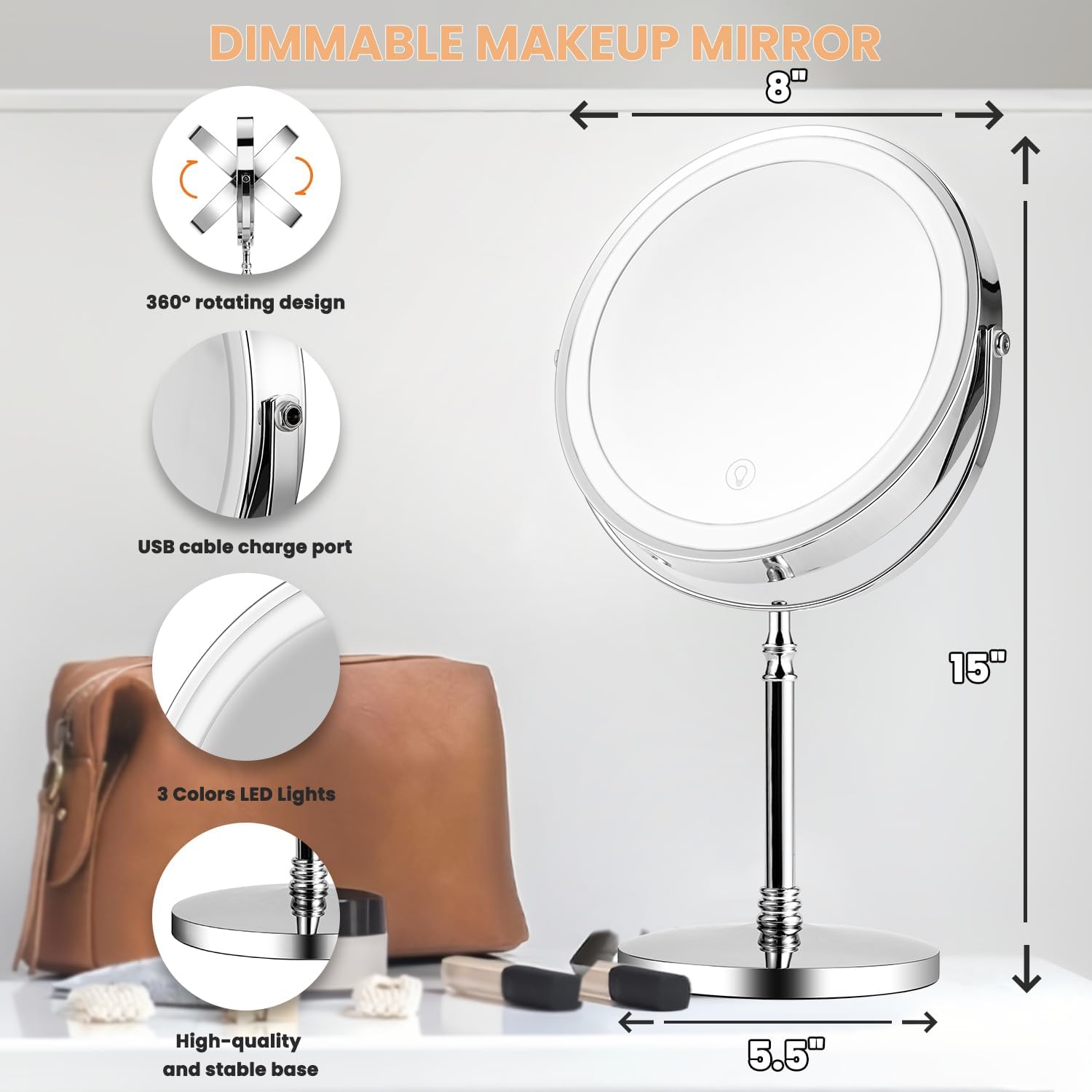 VERSAINSECT – Espejo de maquillaje con luces LED, pantalla táctil regulable con iluminación de 3 colores, espejo de maquillaje ajustable con brillo