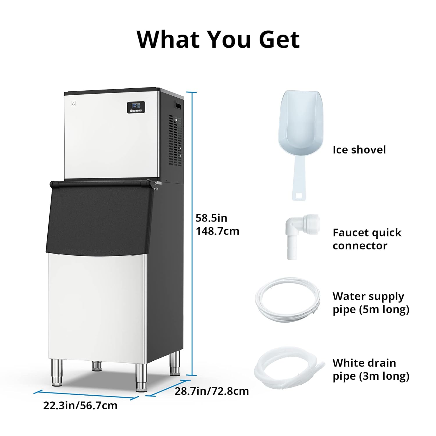 Máquina de hielo comercial de 350 libras24 horas, máquina de hielo industrial de acero inoxidable con contenedor de almacenamiento grande de 220