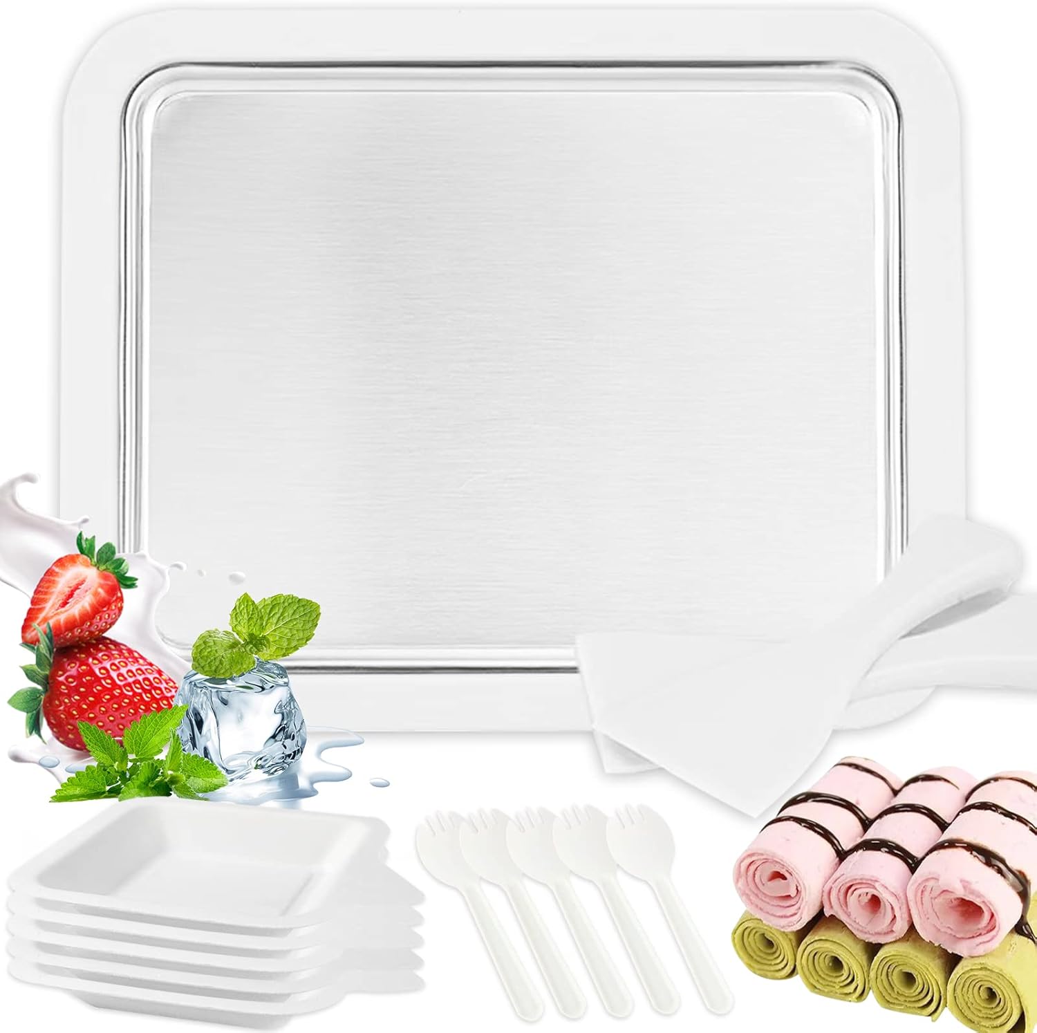 Máquina instantánea para hacer helados enrollados con 2 palas, 5 platos y 5 cucharas, máquina de helado de yogur congelado, helado enrollado casero