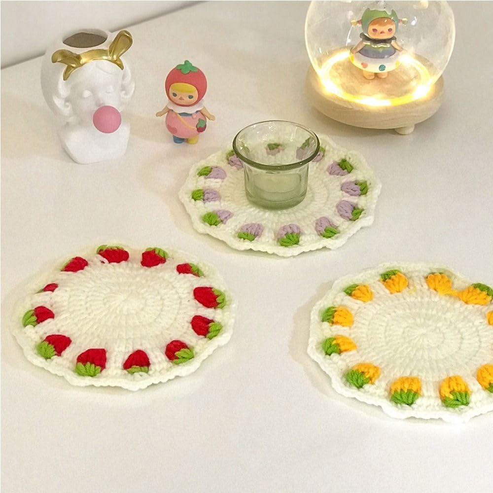 Lindos soportes redondos de algodón tejido de fresa con corazones de fresa, salvamanteles resistentes al calor para tetera, decoración de cocina (5,