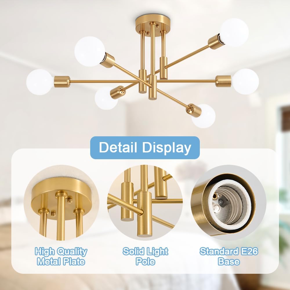 Biewalk Lámpara de araña Sputnik moderna, lámpara de techo de 6 luces de mediados de siglo, lámpara Sputnik para dormitorio, comedor, cocina,