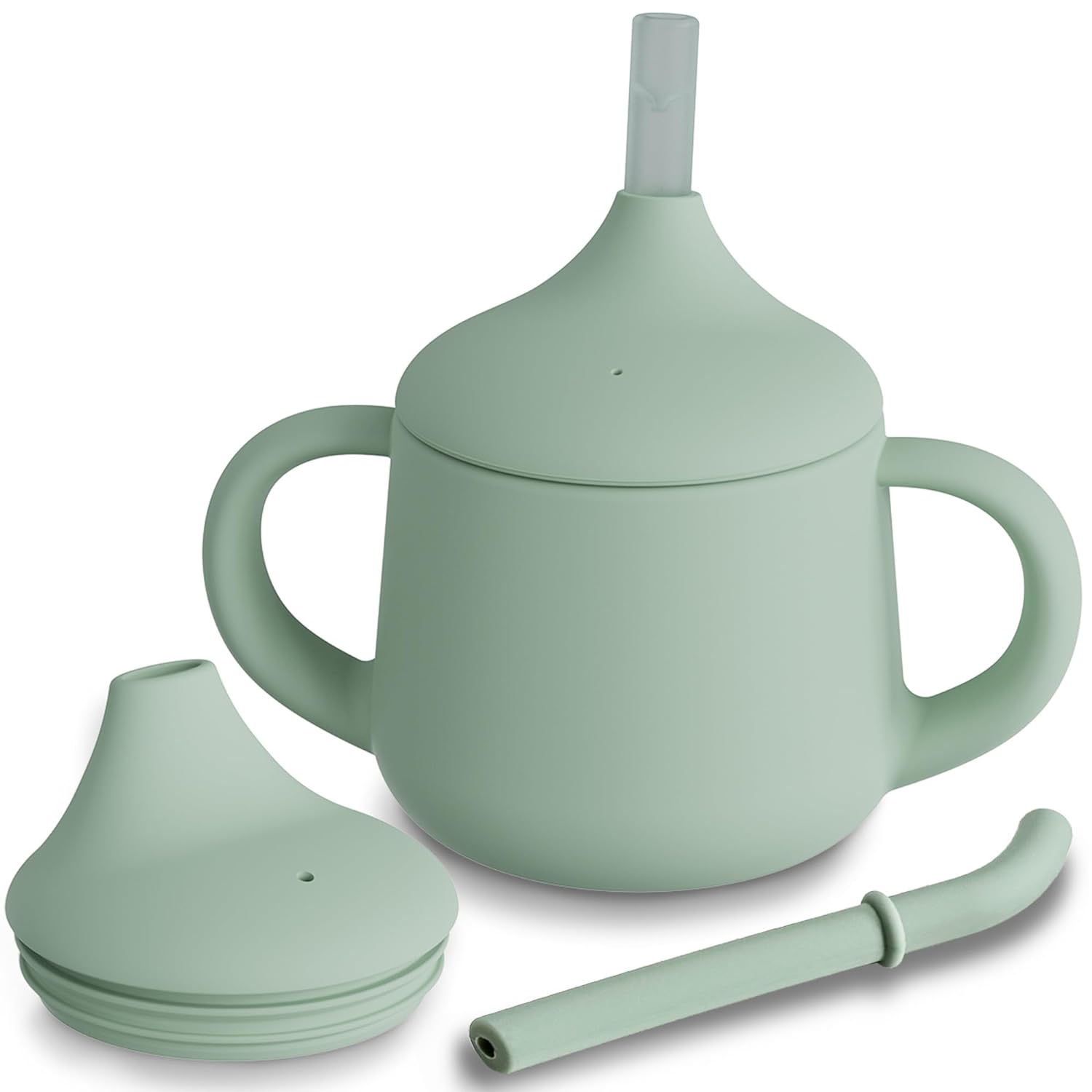Moonkie Vasos de silicona para bebés  Taza de entrenamiento de 3 etapas con popote para bebés y niños pequeños, 4 onzas (salvia)