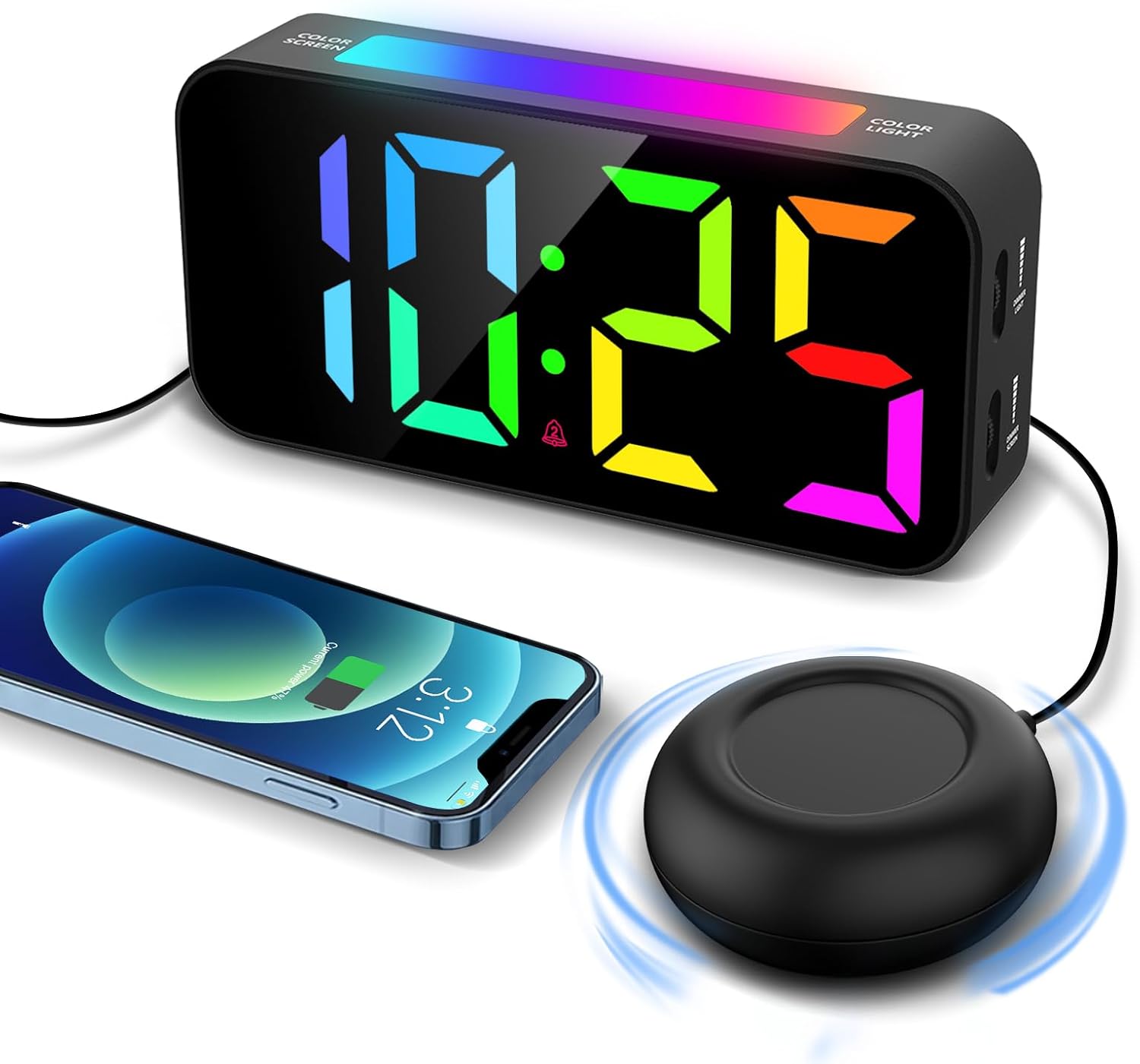 Reloj despertador para personas que duermen con mucha capacidad, reloj despertador vibratorio con agitador de cama, luz nocturna, pantalla grande,