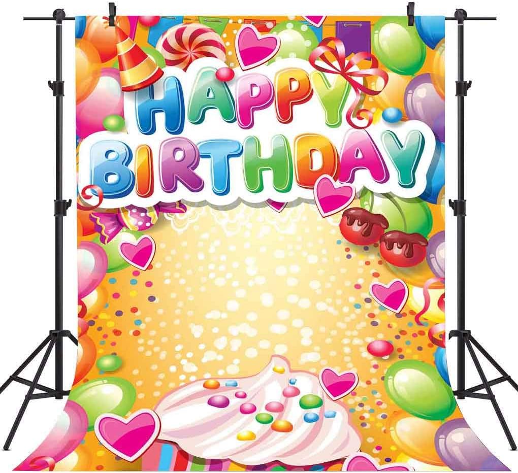 Telones de fondo de fotografía de feliz cumpleaños, globos coloridos de 5 x 7 pies, fondo de fotos de dulces dulces para niños, fiesta temática de