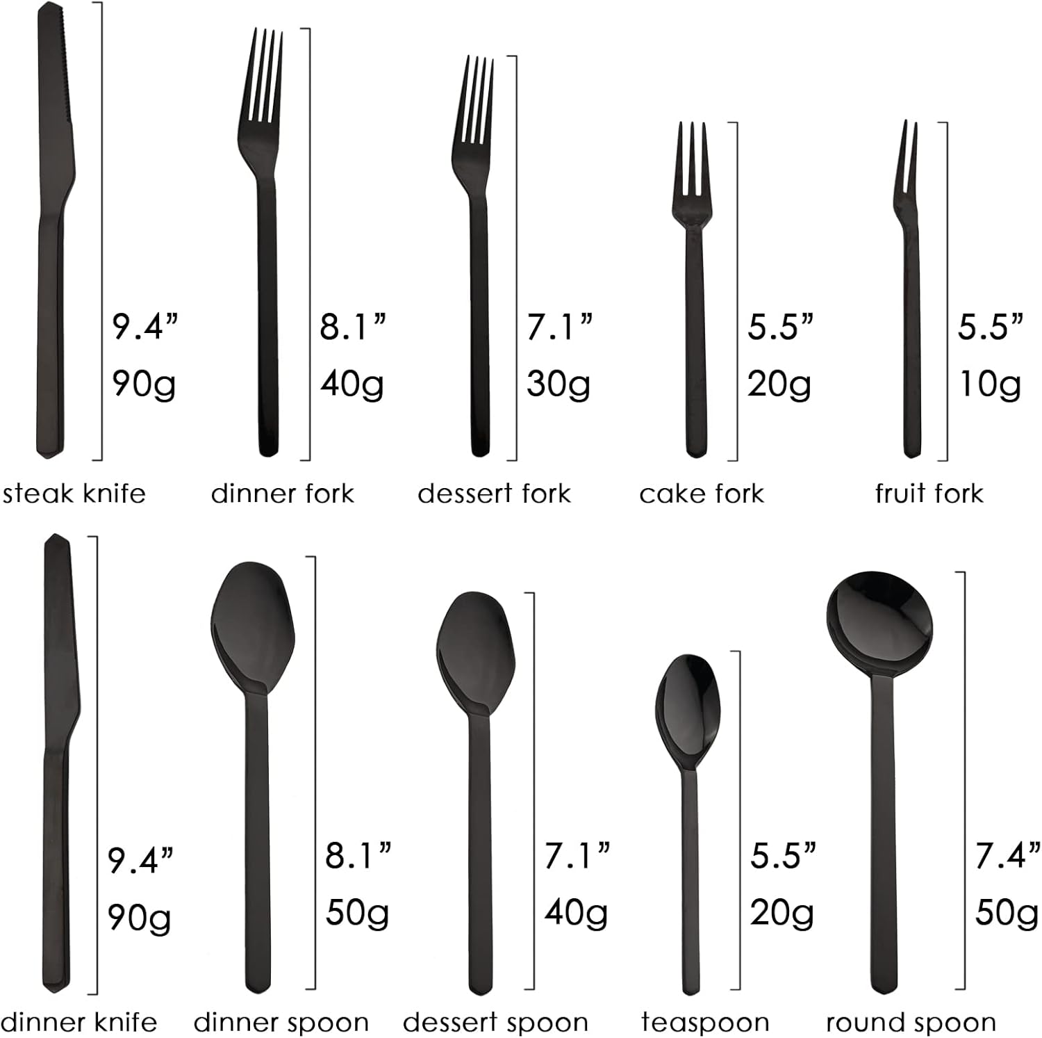 JASHII Juego de cubiertos de acero inoxidable 304 de alta resistencia, 24 piezas, color negro brillante, utensilios de comida elegantes para 4,