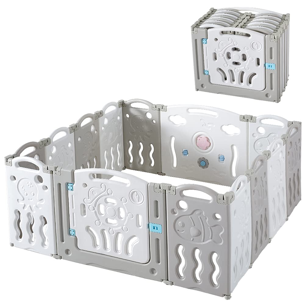 Albott Corralito para bebés mejorado de 14 paneles plegable con panel de juego y puerta de seguridad, forma ajustable, patios portátiles para niños