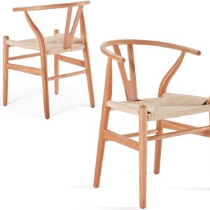STARY Juego de 2 sillas de comedor Wishbone de madera moderna de mediados de siglo para tu casa de playa, naturaleza STARY Juego de 2 sillas de comedor Wishbone de madera moderna de mediados de siglo para tu casa de playa, naturaleza