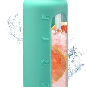 BLUEGO Botella de agua de vidrio de 32 onzas con pajilla, botellas de agua motivacionales con marcador de tiempo y funda de silicona, botella de BLUEGO Botella de agua de vidrio de 32 onzas con pajilla, botellas de agua motivacionales con marcador de tiempo y funda de silicona, botella de