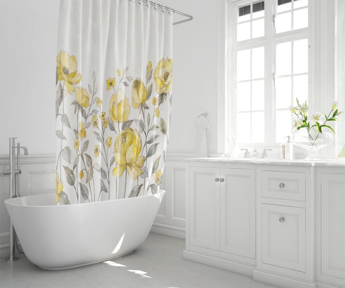 Cortina de ducha para baño, diseño floral de flores blancas y amarillas, cortina de ducha impermeable amarilla y gris, estilo moderno, 72 x 72