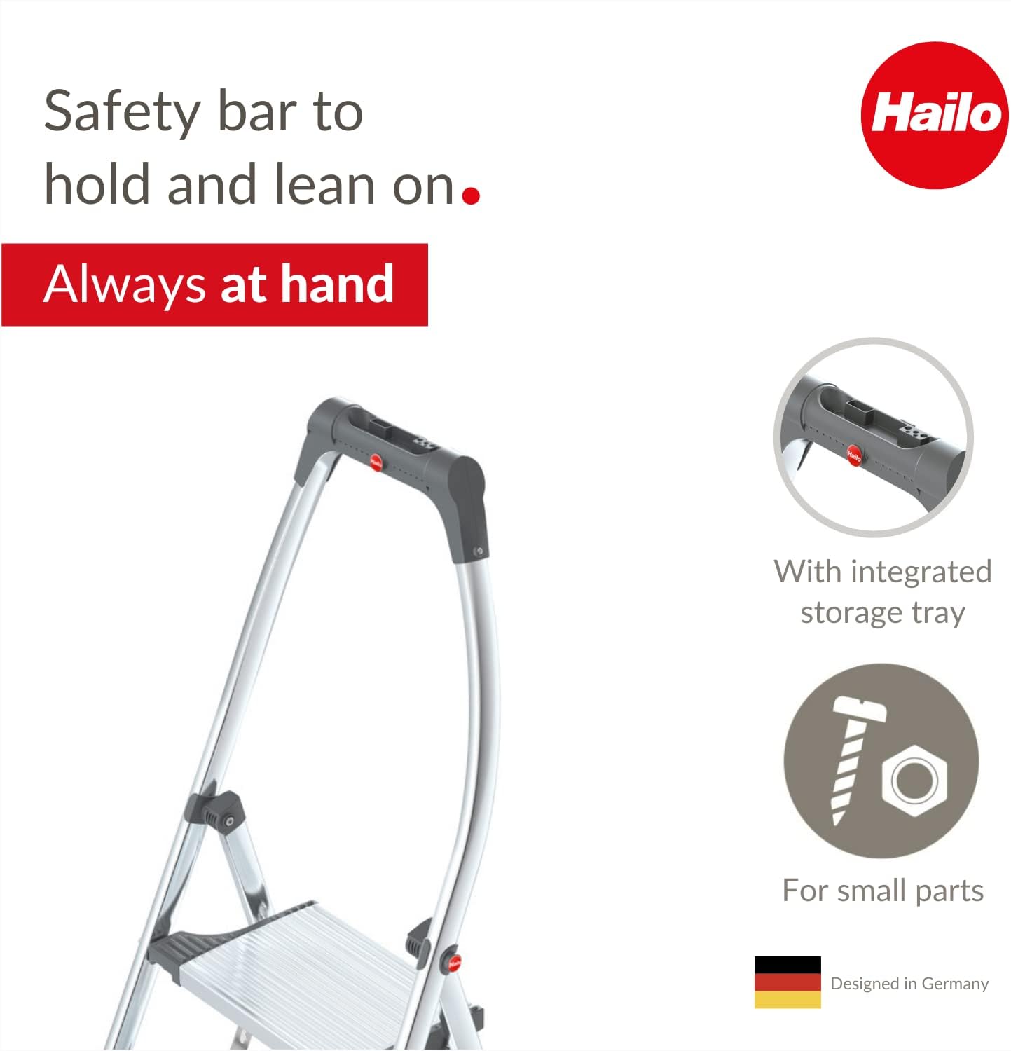 Hailo LivingStep Comfort Plus  Escalera plegable de aluminio  Dos escalones extra grandes  Escalera con barra de seguridad alta curva y bandeja de