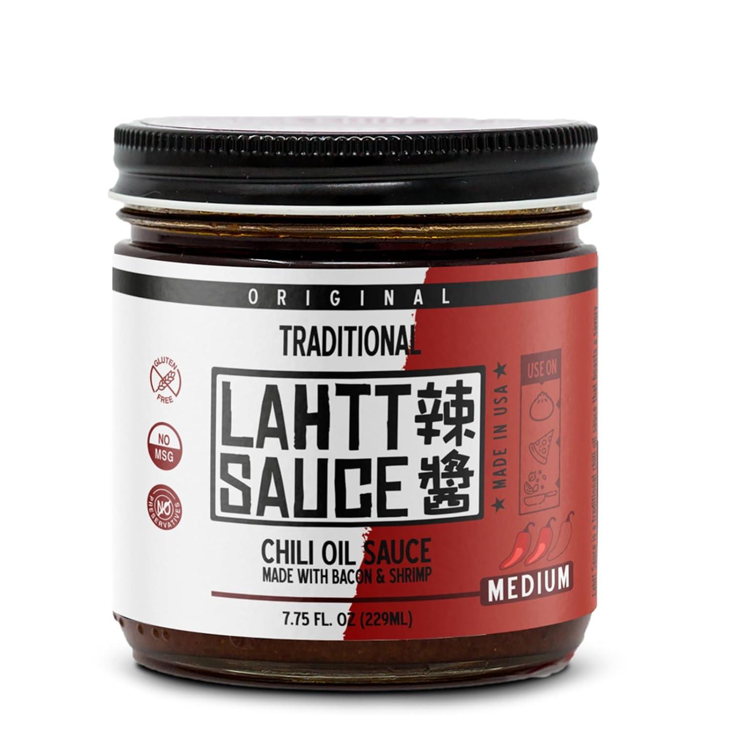 Lahtt Sauce Aceite de chile multiusos prémium (tradicional) hecho con tocino y camarones, calor medio, ingredientes simples y naturales sin OMG, sin