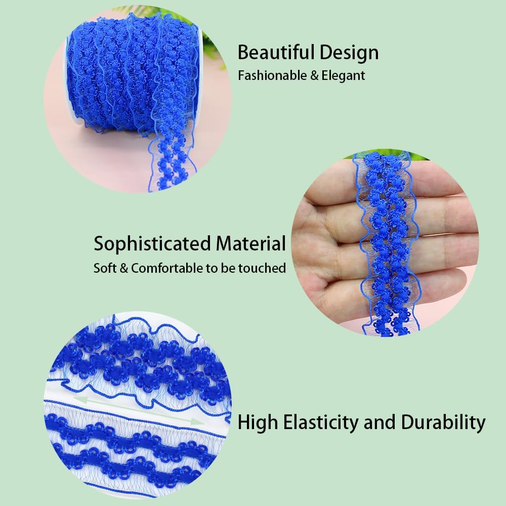 20 yardas, color azul real, doble volantes, ribete de organza elástico para manualidades, banda de encaje elástica, ropa y ropa para bricolaje,
