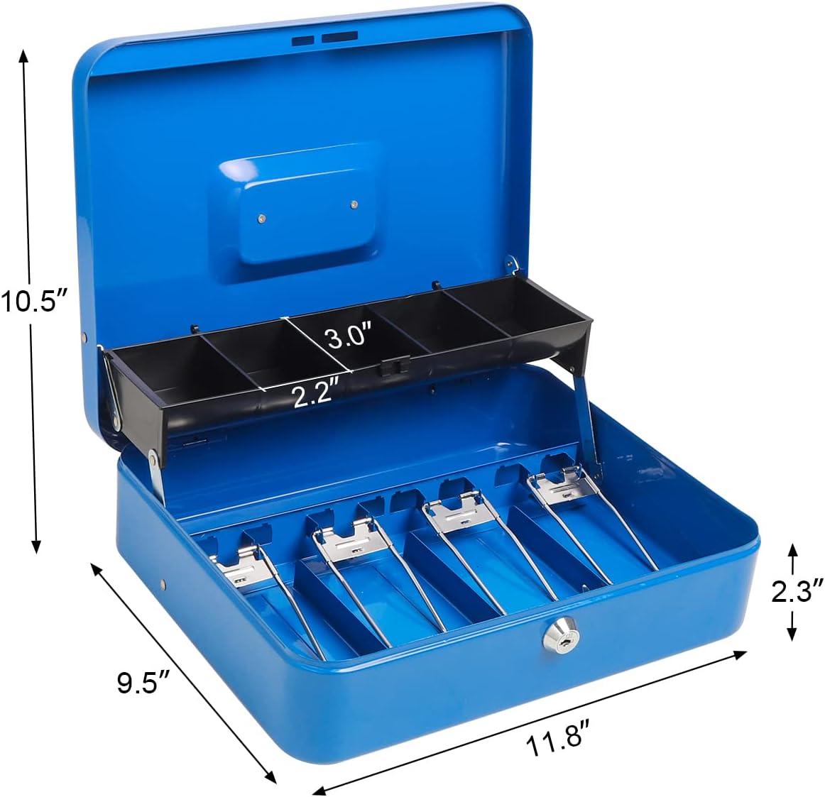 Caja de efectivo con cerradura de llave,Caja de metal duradera con bandeja de dinero,Caja de seguridad de almacenamiento seguro de bloqueo,Azul