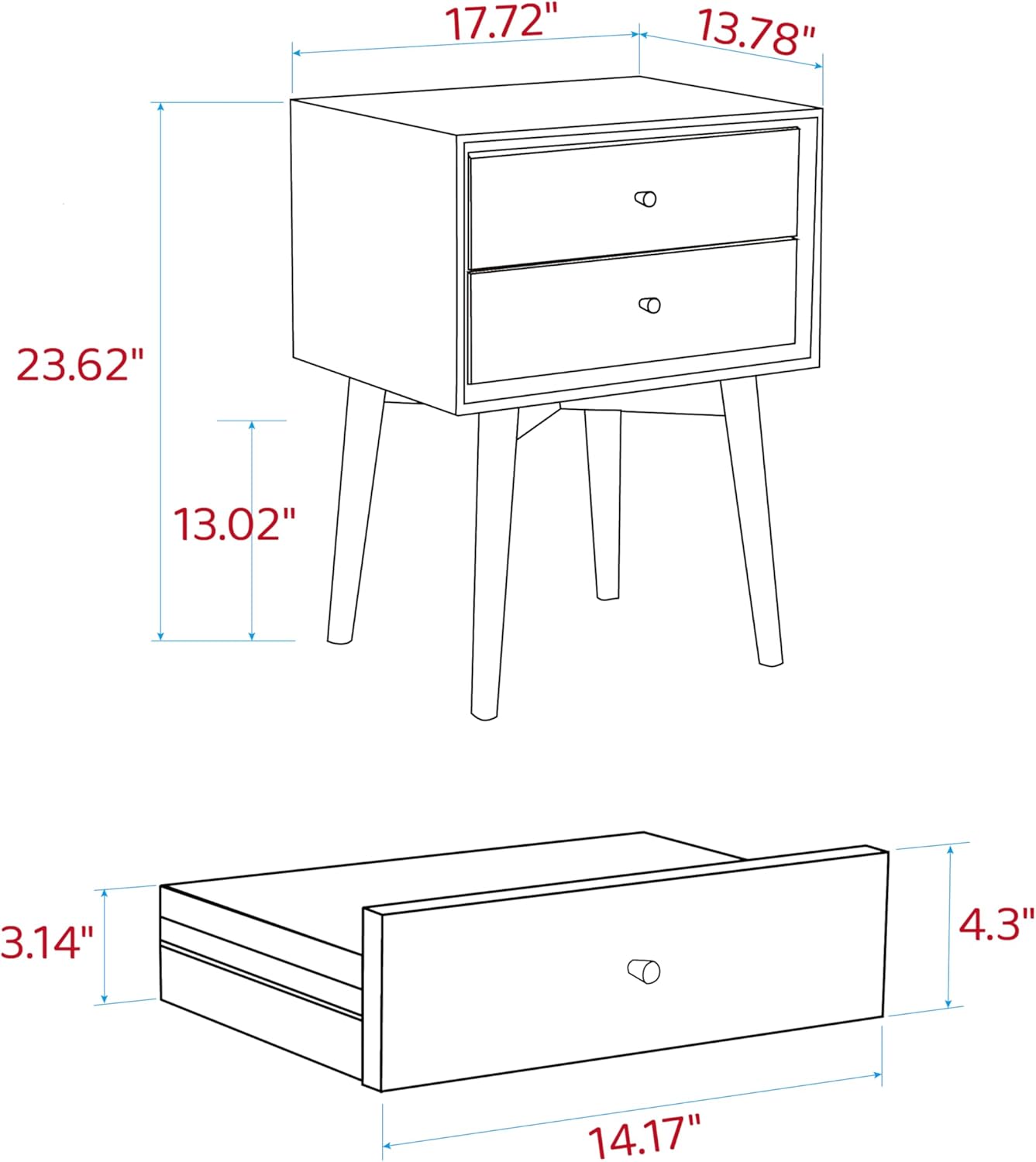 Olusmane Mesita de noche moderna de mediados de siglo, mesita de noche de madera de roble macizo con 2 cajones, mesita de noche pequeña resistente y