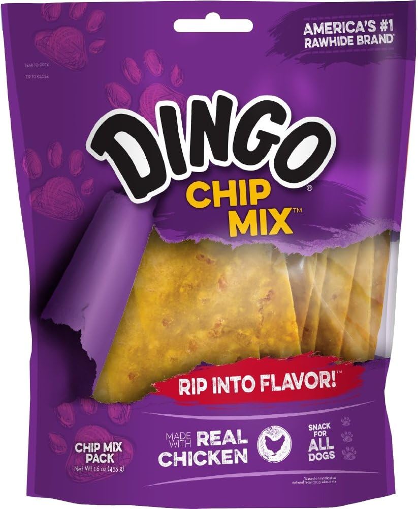 Dingo Chip Mix de 16 onzas, cuero crudo para perros, hecho con pollo real