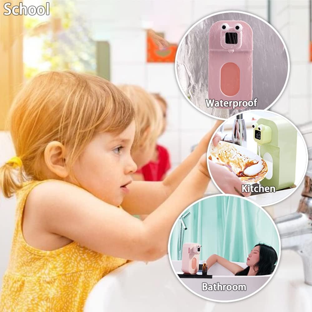 Dispensador automático de jabón para niños, dispensador de jabón espumoso sin contacto de rana verde, impermeable, recargable por USB, dispensador