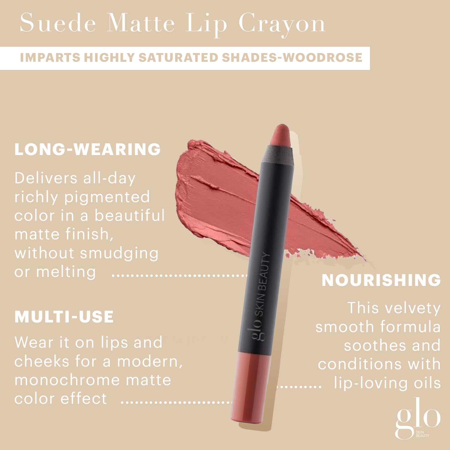Glo Skin Beauty Lápiz labial mate de gamuza (Woodrose), fórmula de larga duración que se mantiene todo el día, con manteca de karité acondicionador
