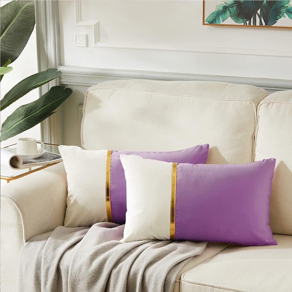 Fancy Homi 2 paquetes de fundas de almohada decorativas de 12 x 20 pulgadas para sofá cama de sala, retazos de terciopelo morado y blanco con cuero