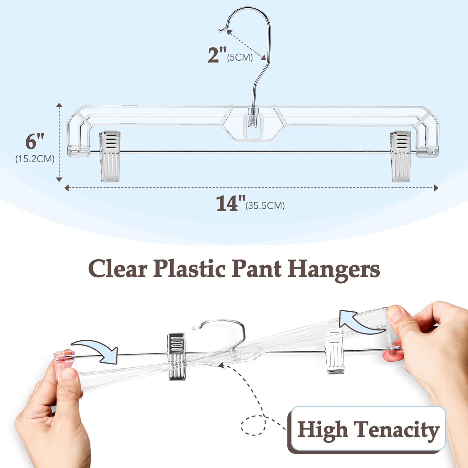 HOUSE DAY Perchas transparentes para faldas con clips, colgador de plástico antideslizante para pantalones con 2 clips ajustables, colgador de clip