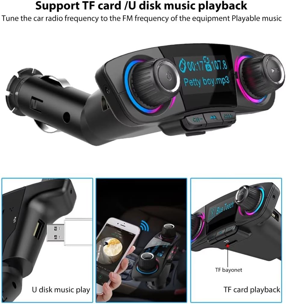 Bluetooth inalámbrico coche transmisor FM reproductor de MP3 manos libres kit adaptador de radio USB cargador soporte AUX puerto 5V 2.1A puerto USB