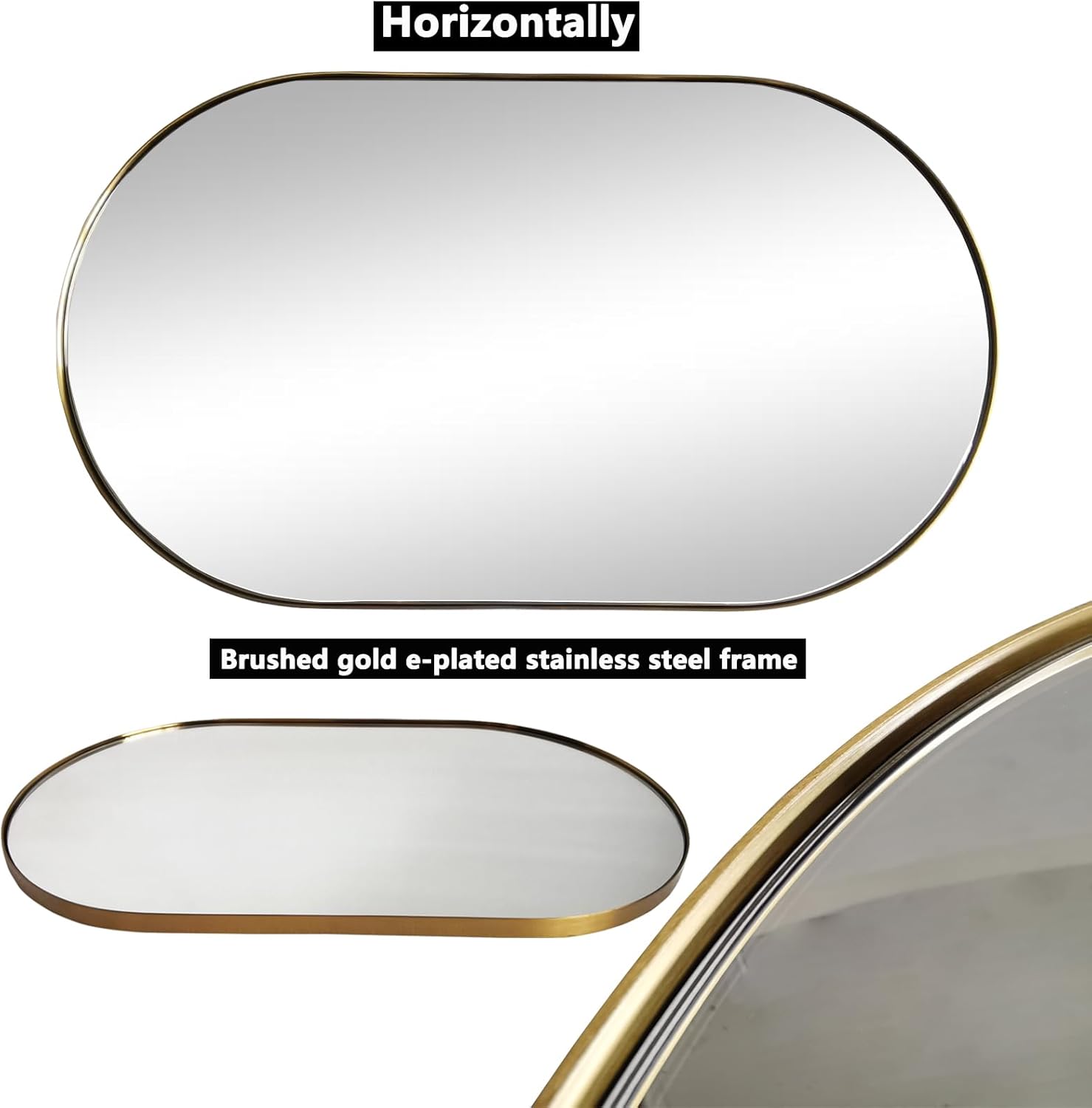 TUSIWIT Espejo de pared ovalado dorado con forma de píldora, espejo de baño con marco de acero inoxidable, espejo de pared decorativo montado