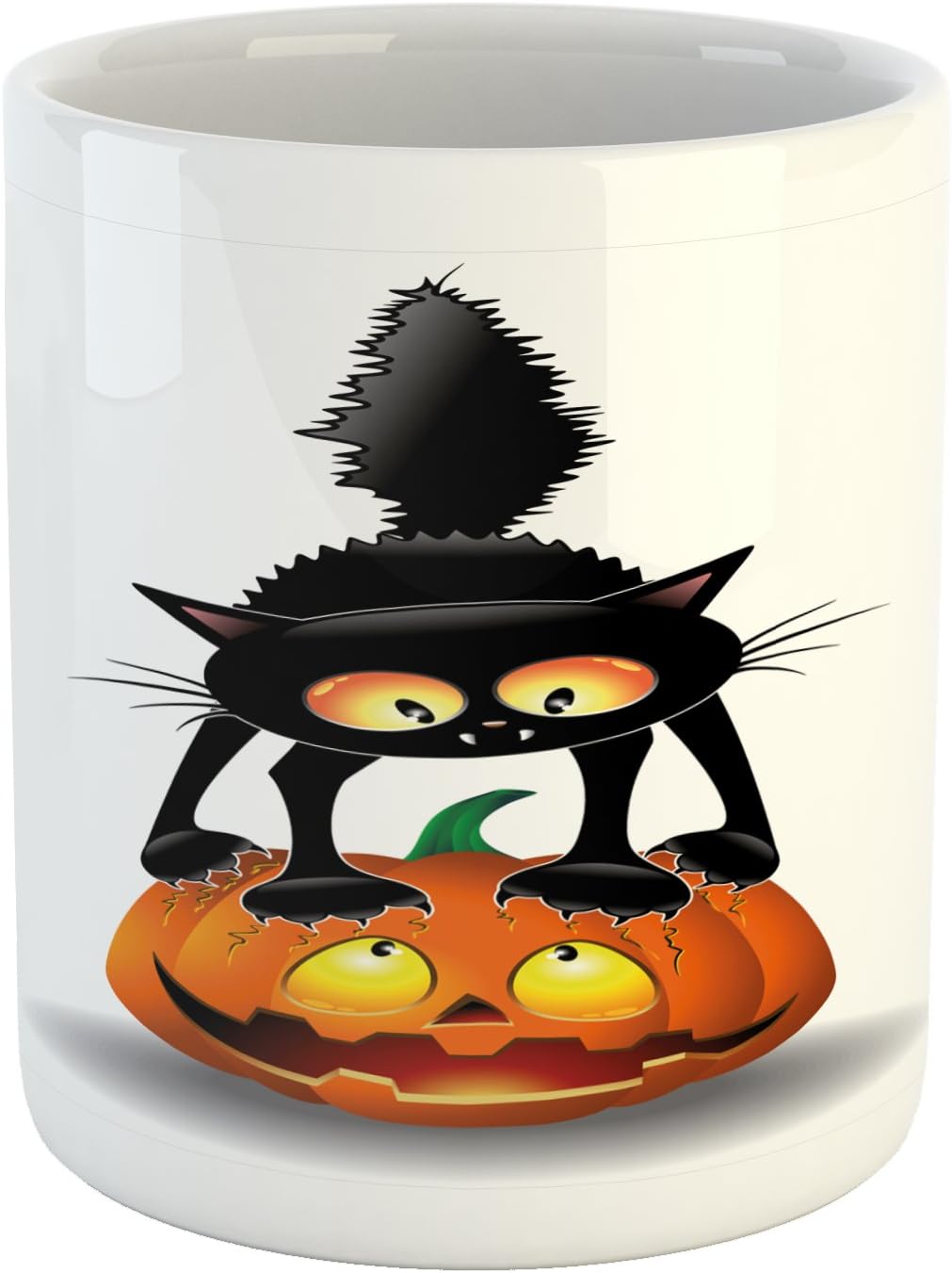 Ambesonne Taza de Halloween, diseño de gato negro sobre calabaza, personajes de dibujos animados espeluznantes, arte de humor de Halloween, taza de