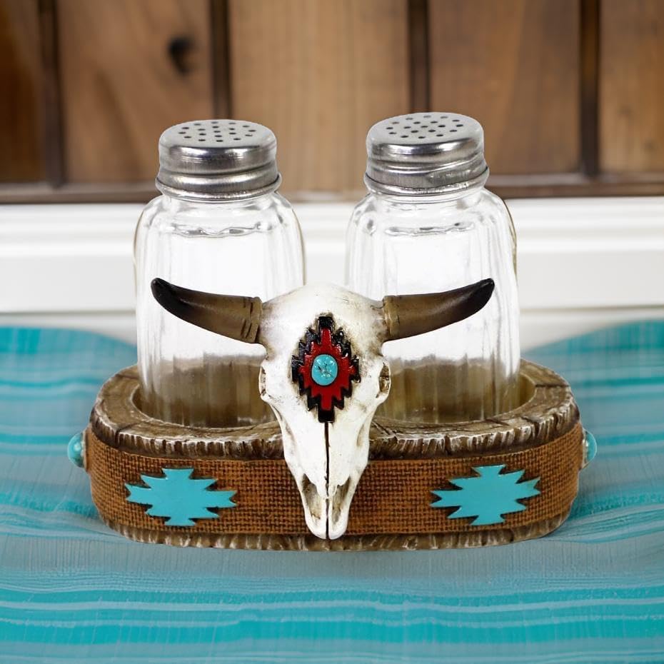 Western Cow Steer Skull – Juego de salero y pimentero con soporte