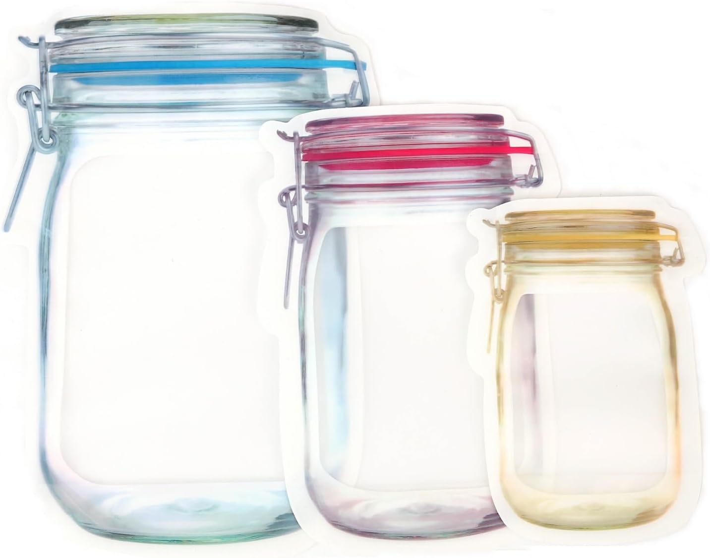 60 bolsas de almacenamiento de 3 colores mixtos para ahorro de alimentos, con patrón de tarro de masón, reutilizables, portátiles, con cremallera,