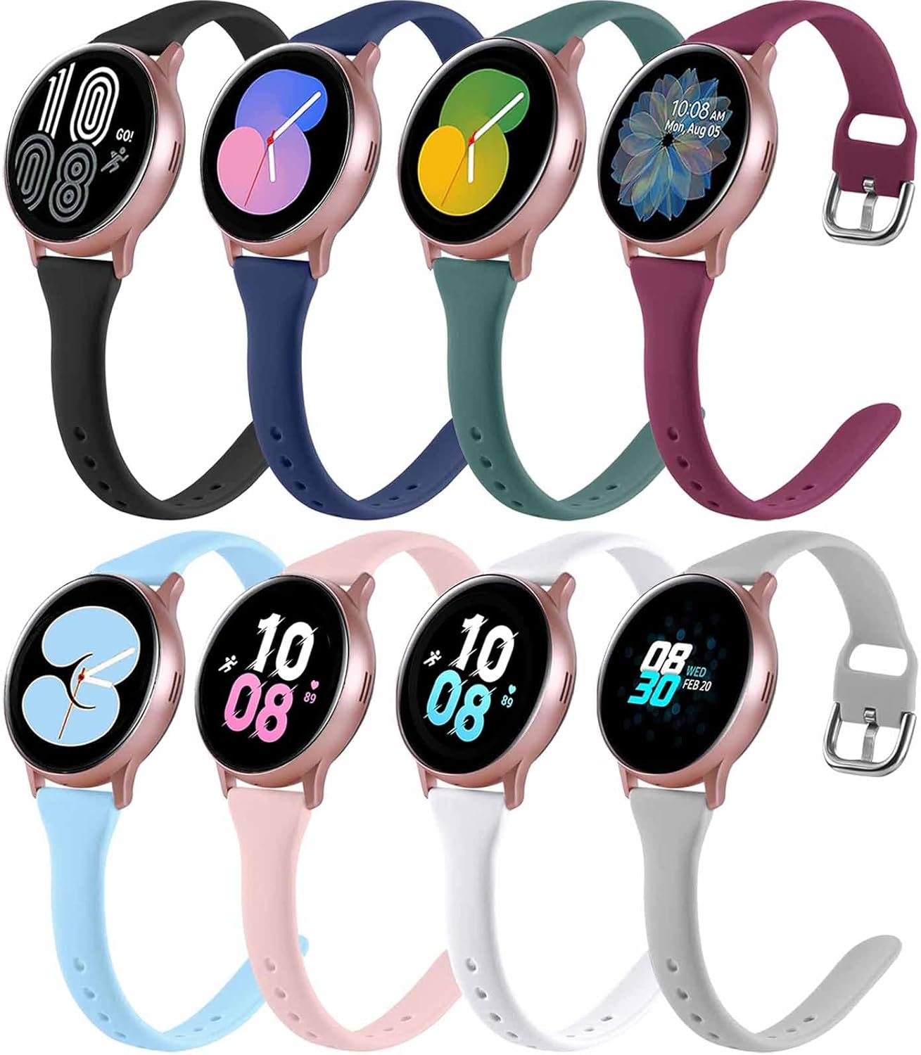 8 Pack Slim Band Compatible with Samsung Galaxy Watch 456 40mm 44mm, Active 2 40mm 44mm, Galaxy Watch 46 Classic, Galaxy Watch 5 Pro, 20mm Soft