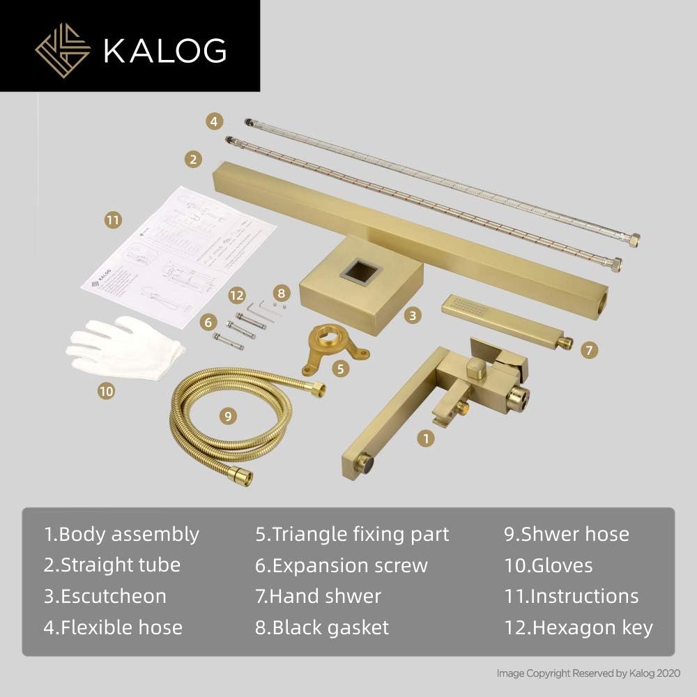 Kalog Grifo de bañera independiente de una sola manija con ducha cuadrada de mano (dorado cepillado)
