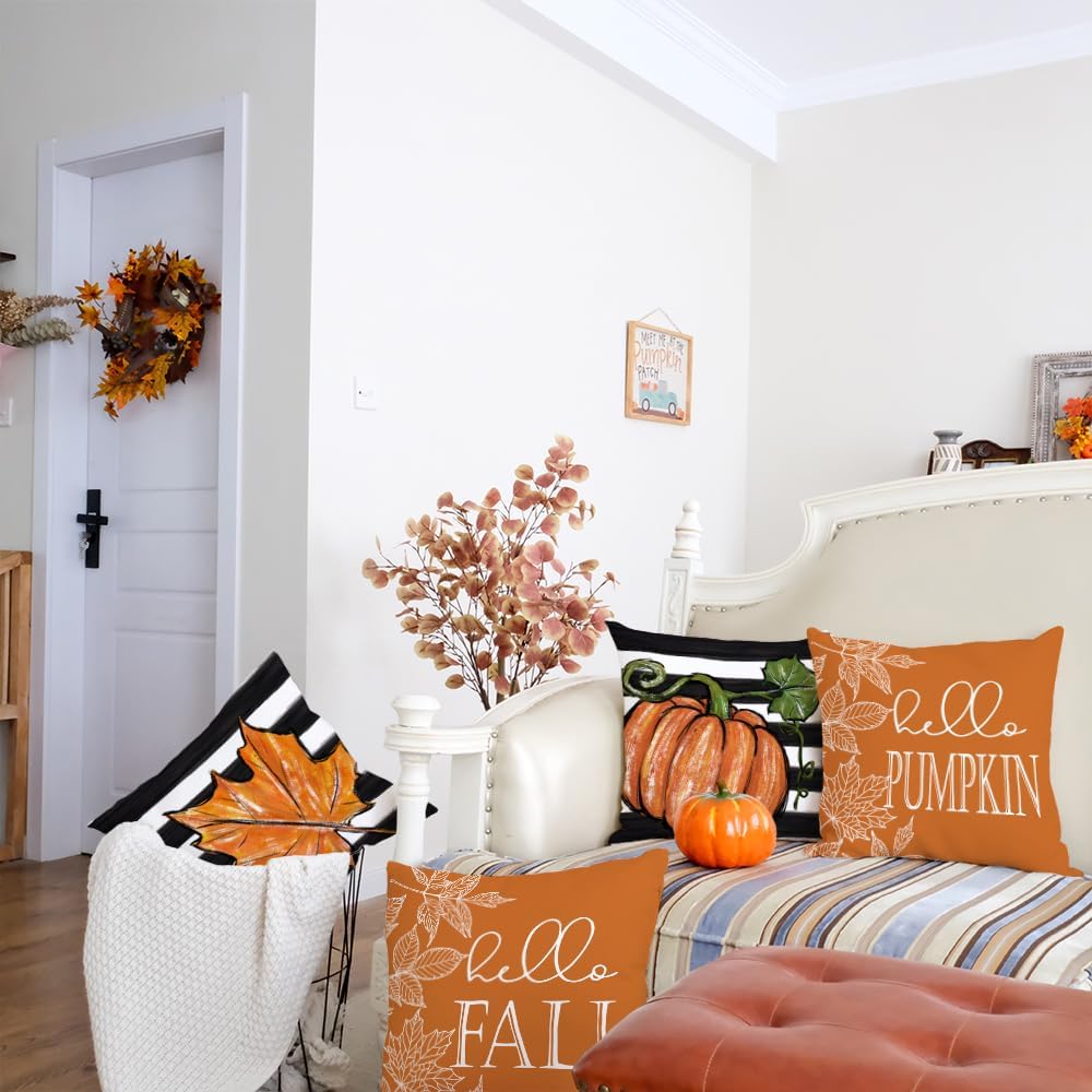 Juego de 4 fundas de almohada decorativas de otoño de 20 x 20 pulgadas, diseño de rayas de hojas de arce con diseño de calabaza de Hello para
