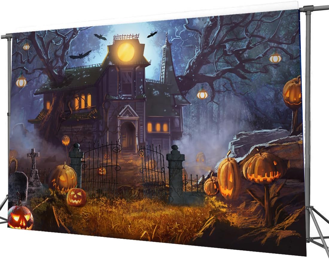 Dudaacvt Telón de fondo de Halloween de 8 x 6 pies, noche de terror, luna, cementerio, calabaza, farol, telón de fondo para Halloween, niños,