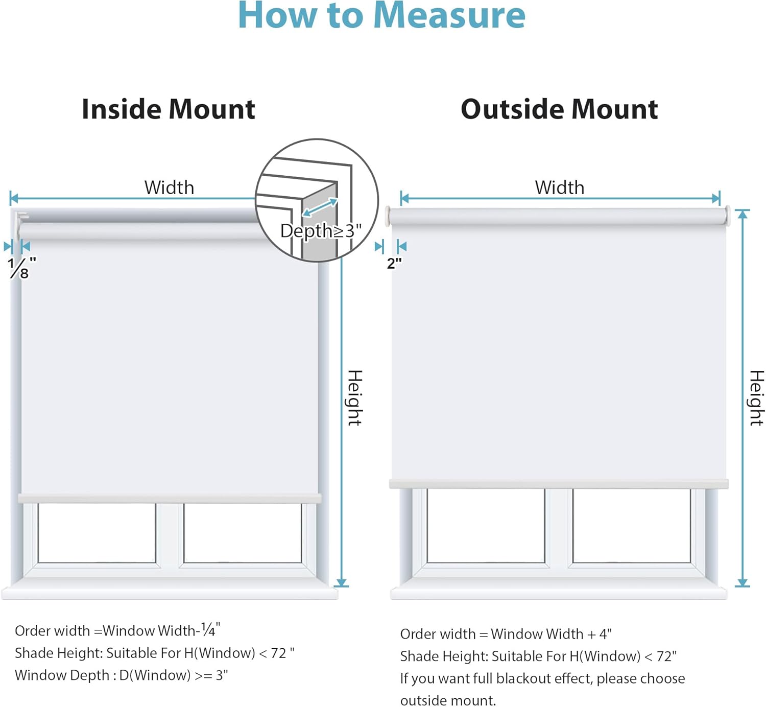 Persianas enrollables opacas para ventanas, 46 pulgadas de ancho x 72 pulgadas de alto, color blanco, persianas extraíbles para ventanas con cordón