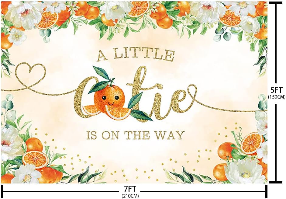 AIBIIN Telón de fondo naranja de 7 x 5 pies para baby shower con texto en inglés “A Little Cutie is on the Way” (Un pequeño cutie is on the way)
