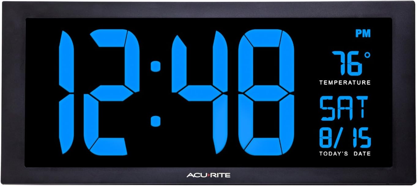 AcuRite 76100M Reloj LED de gran tamaño con temperatura interior, fecha y soporte plegable de 18 pulgadas, color azul