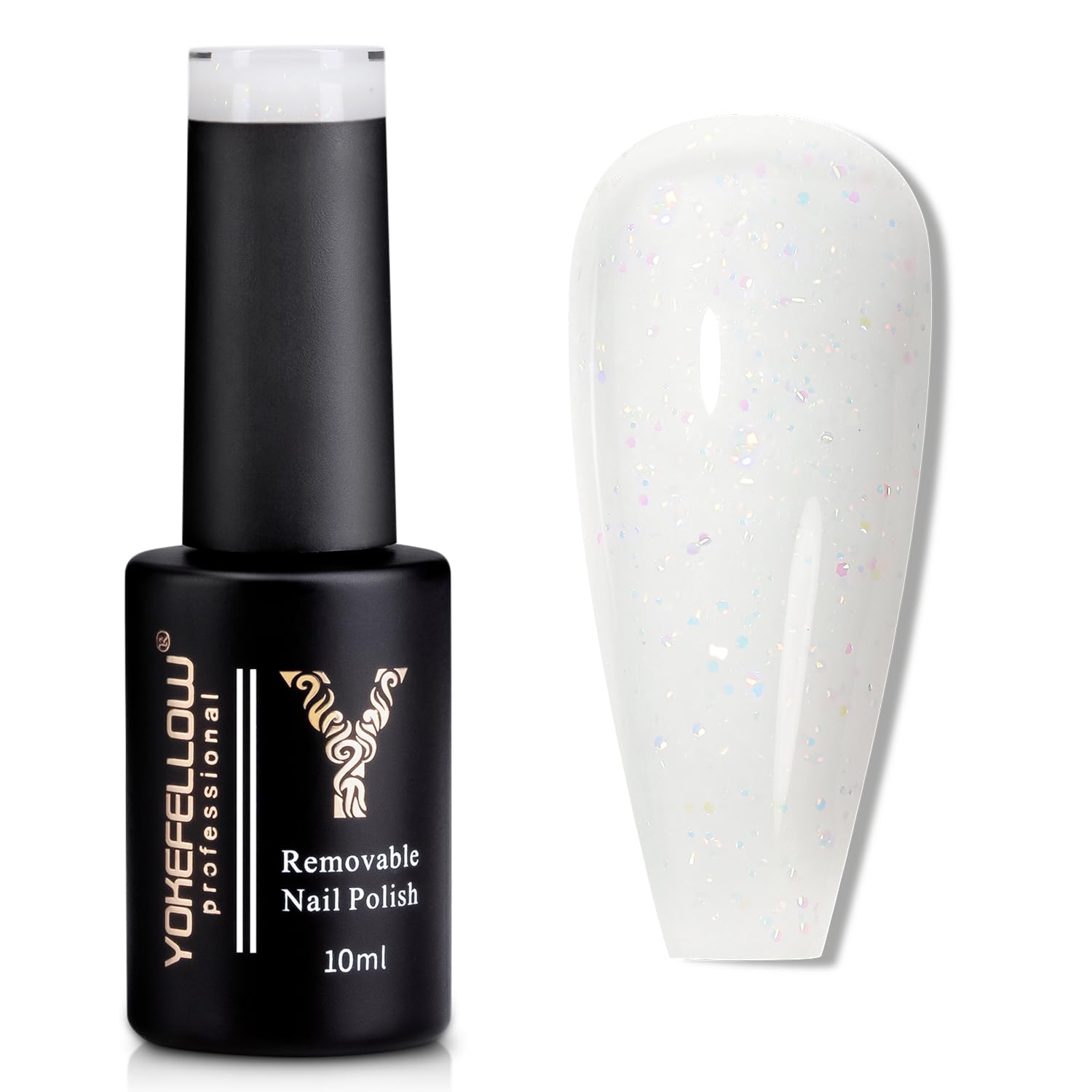 YOKE FELLOW Esmalte de uñas de gel con purpurina, 0.3 onzas líquidas, esmalte de uñas de gel transparente color blanco lechoso con purpurina láser