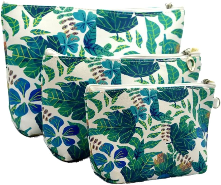 3 bolsas de cosméticos impermeables para cosméticos de gran capacidad, piel sintética, baño, almacenamiento (3 tamaños) (hoja tropical de la selva)