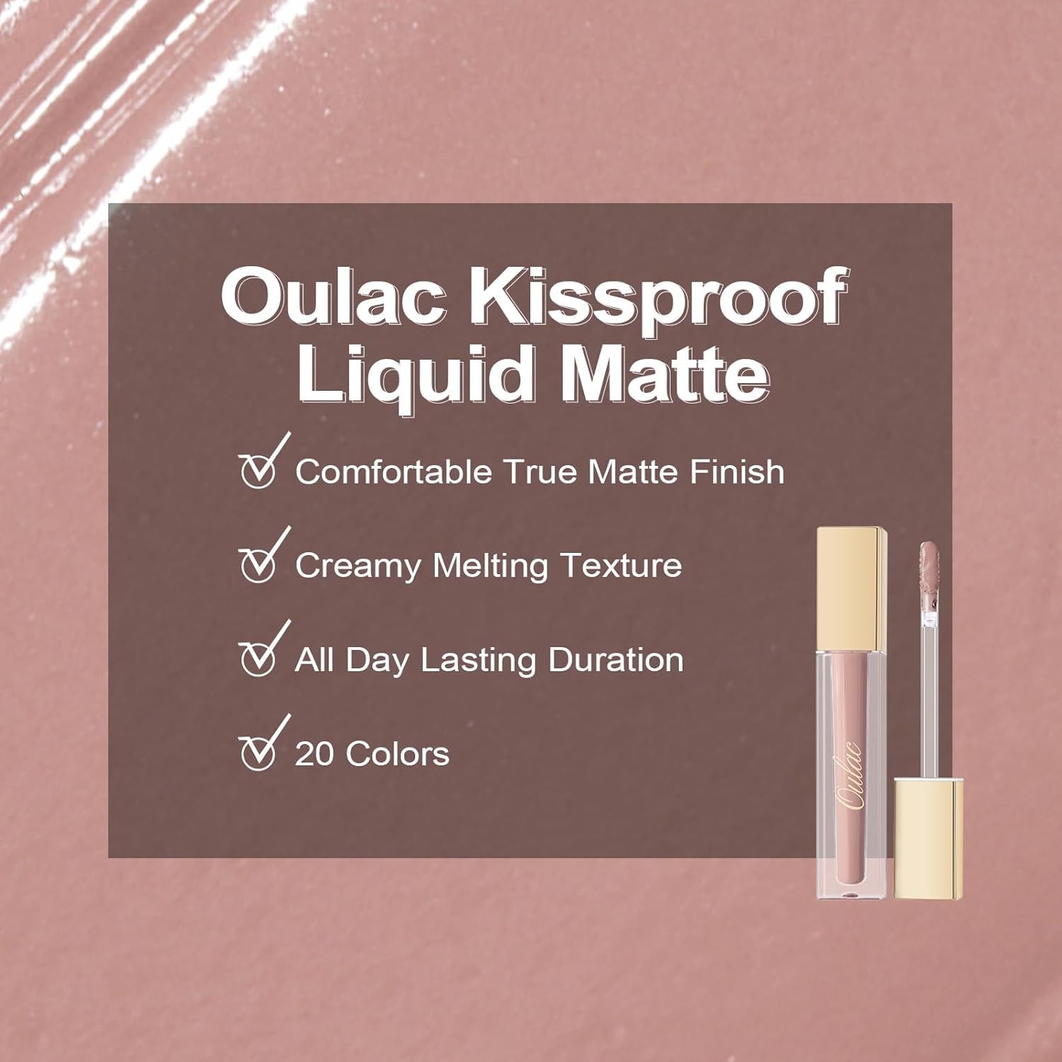 Oulac Lápiz labial rosa líquido mate para mujer, lápiz labial rosa nude de larga duración, tinte de labios impermeable, sin transferencia, fórmula