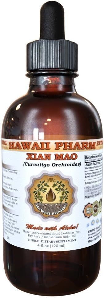 Hawaii Pharm Xian Mao Tintura, Xian Mao, extracto líquido de raíz de Curculigo (Curculigo Orchioides), suplemento herbario 4 onzas líquidas
