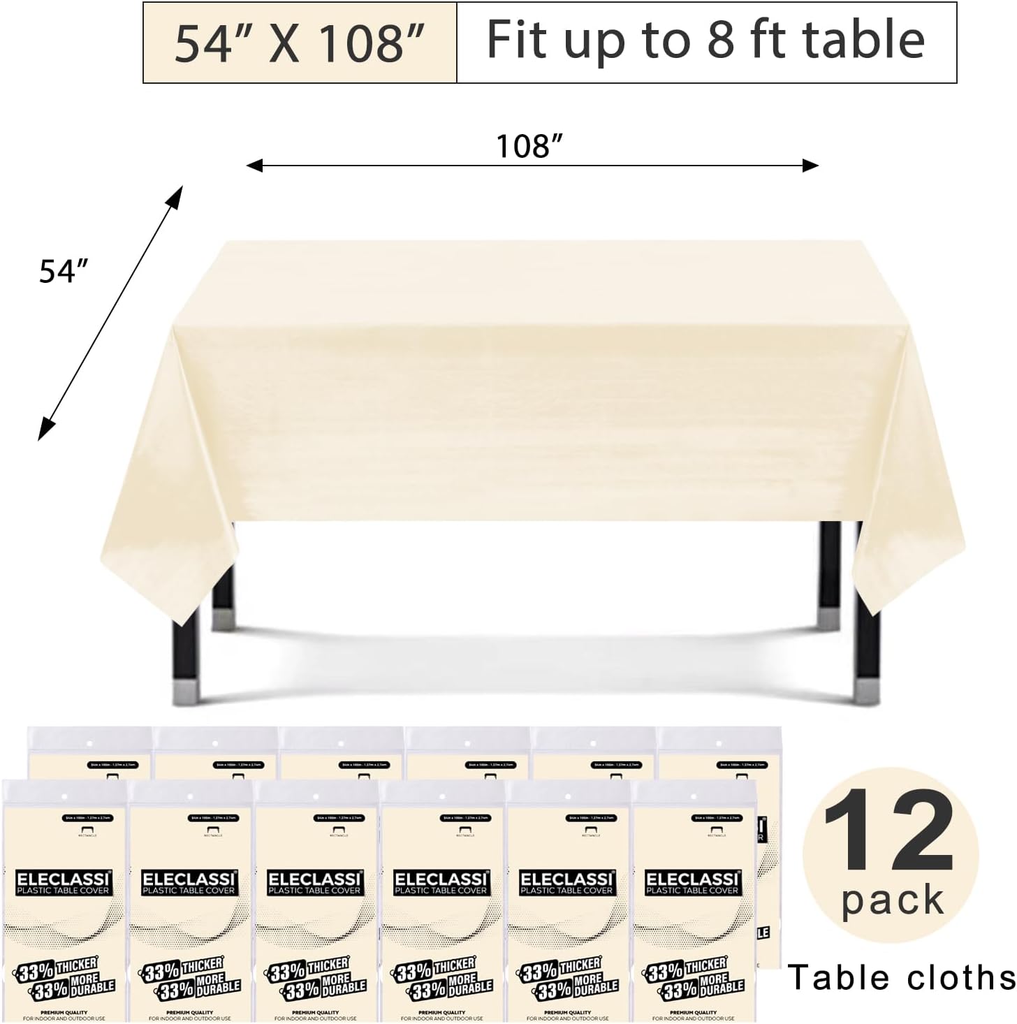 Eleclassi Paquete de 12 manteles de plástico desechables de alta calidad de 54 x 108 pulgadas, manteles de plástico para fiestas, mantel desechable